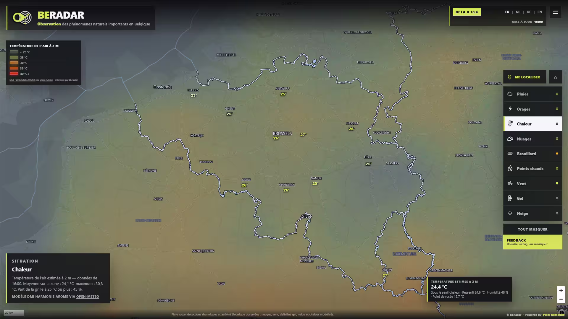 Version ordinateur de BERadar, carte interactive des phénomènes naturels en Belgique